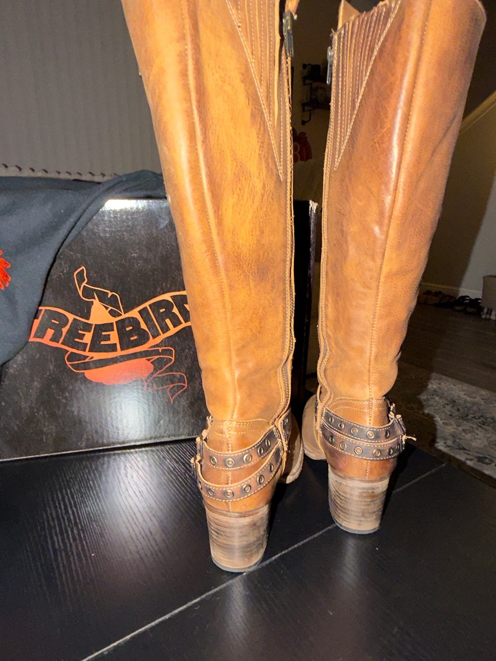 π€ β¨ππ€ FREEBIRD by Steven Coyote Brown Leather Tall Boots Size 9 Studded Western! - Picture 12 of 13